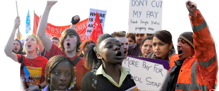 Youth and workers demonstrate - Youth fight for Jobs demo, Visteon occupation, Birmingham council workers strike, photos P Mattsson, S O Neill