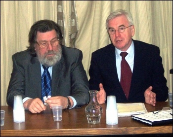 Ricky Tomlinson and John McDonnell, Shrewsbury 24 press conference, 23.1.13, photo Bob Severn