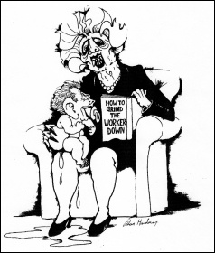 Former British Prime Minister Margaret Thatcher teaches Labour Party leader Neil Kinnock how to grind the working class down, cartoon Alan Hardman