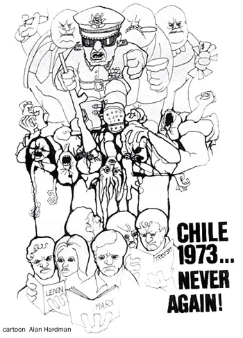 Chile 1973 - Never Again! Cartoon by Alan Hardman, photo Alan Hardman
