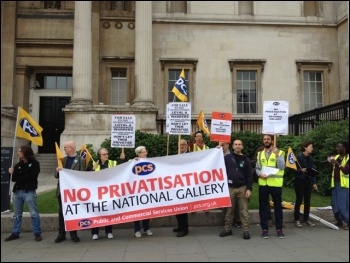10 July 2014 public sector strike, PCS members at the National Gallery, London, photo by Judy Beishon