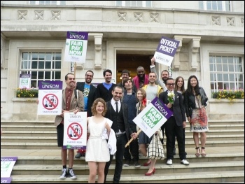 Wedding party joins the Hackney town hall picket line following a 200 strong rally of council workers. Photo sent by Brian Debus