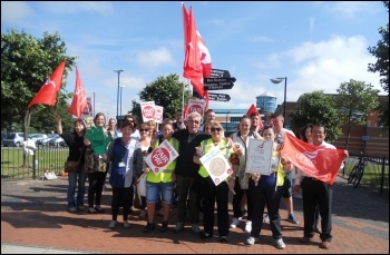 Unite picket line at a sports centre, Birkenhead, Wirral, 10.7.14, photo by S. Ion