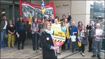 Socialist Party member Marion Lloyd (center foreground) and other BIS workers on the picket line in Sheffield, 19.5.16, photo A Tice