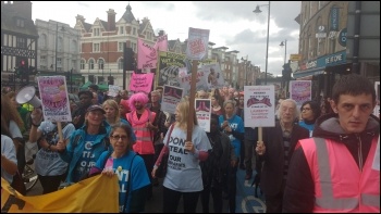 'Stand Up to Lambeth' campaigners marching down Clapham High Street in south London, 8.10.16, photo by James Ivens
