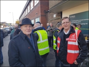 Socialist Party member Tony Mulhearn (left) with the Unite branch secretary at the Liverpool Green Lane bus drivers' picket., photo by Hugh Caffrey