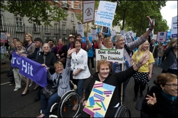  Hardest Hit protest: Disabled people and their families protest in central London  in May 2011 against government spending cuts, photo Paul Mattsson
