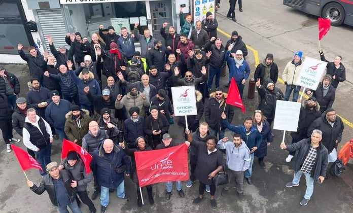 West Midlands National Express bus workers on strike. Photo: West Mids Socialist Party